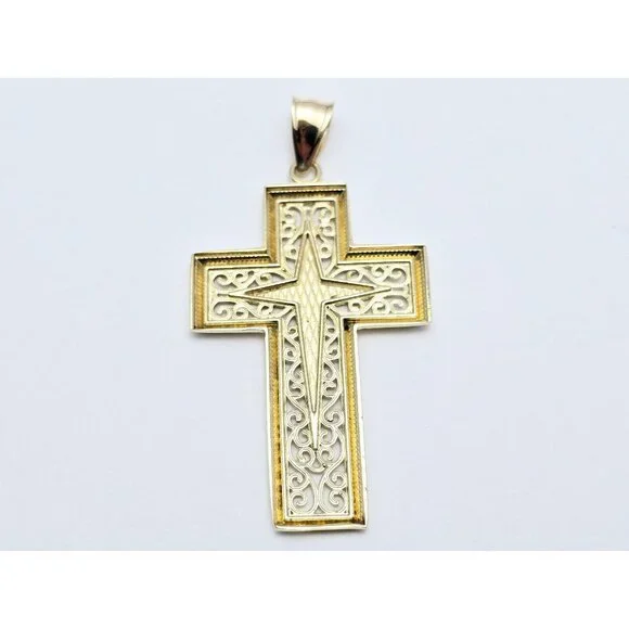 Beautiful 14K Karat Solid Yellow Gold Religious Designer Cross Charm Pendant
